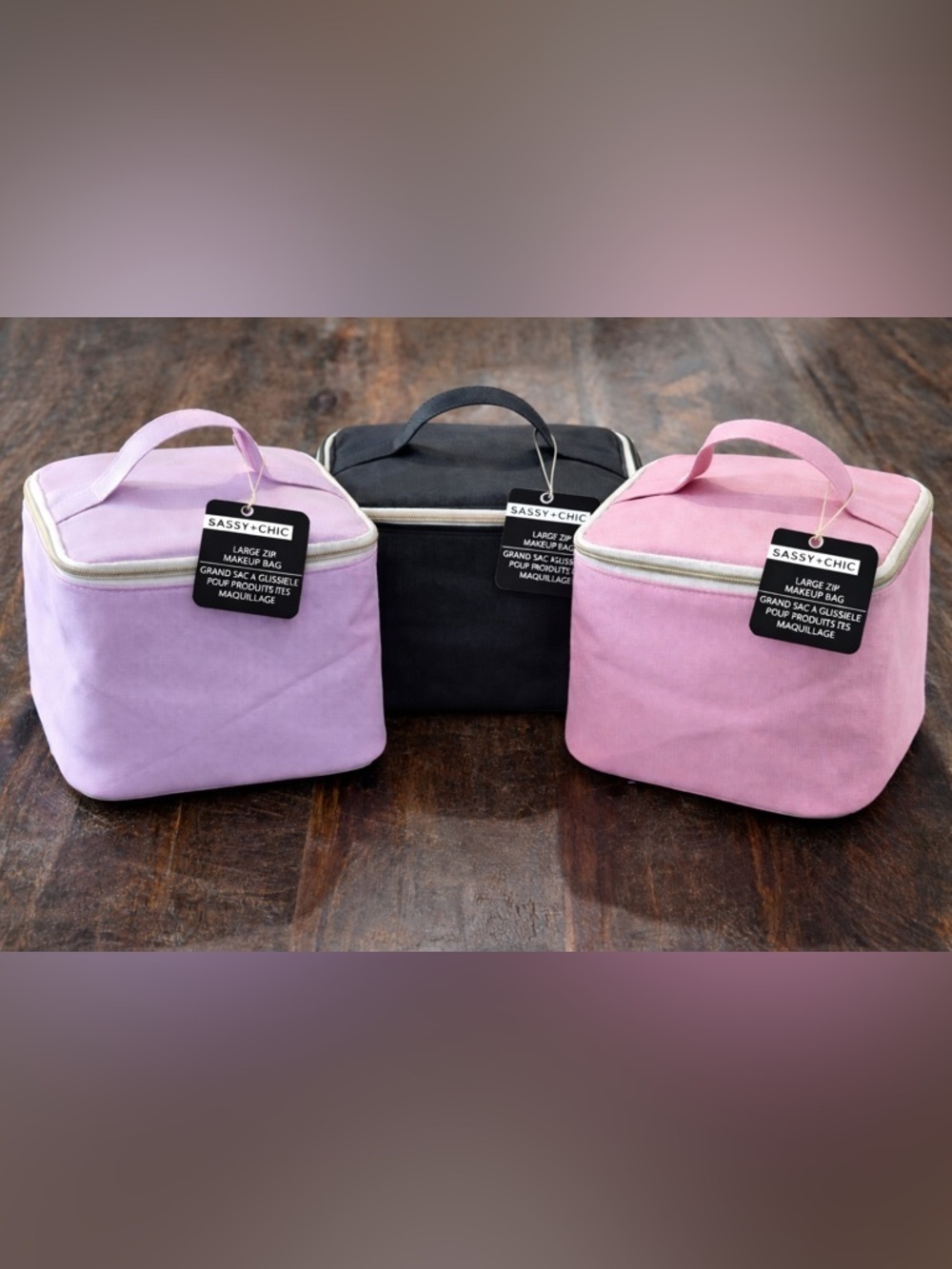 Sassy + Chic Set of 3 Cosmetic Cases/ Travel Organizers Pink Purple Black NWT